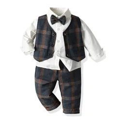 Spring Toddler Boys Plaid Clothes Baby Formal Party Costume Vest Shirt Pants 3 Pieces Infant Kids Fall Outerwear Set 1-7 Years
