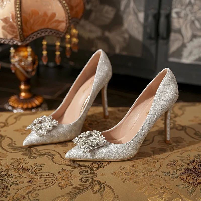 

New Wedding Shoes High Heels Thin Heels Pointed Shallow Mouth Glitter Water Diamond Square Buckle Champagne Single Shoes