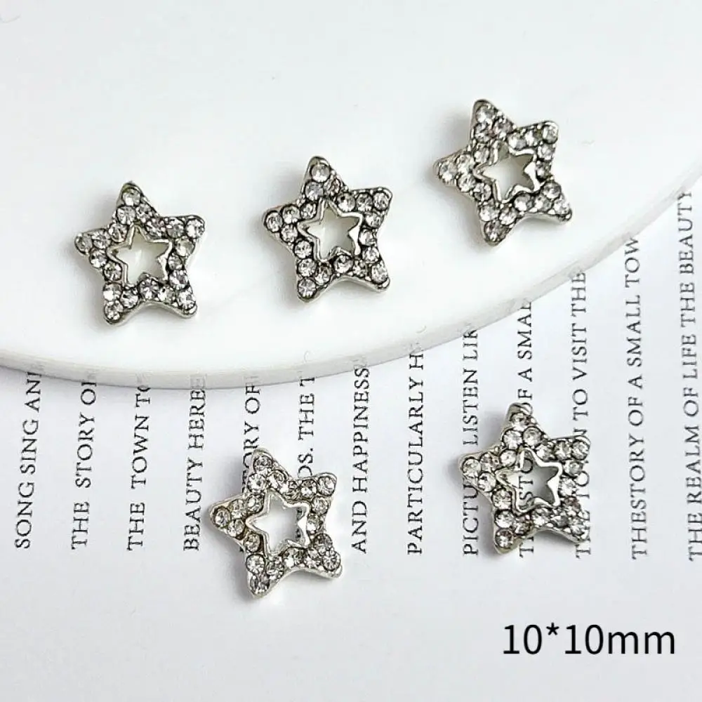 3D Minimalist Alloy Pentagram Nail Charms Hollowed-out Silver Stars Mini Full Rhinestones Inlaid Nail Art Decorations DIY Nails