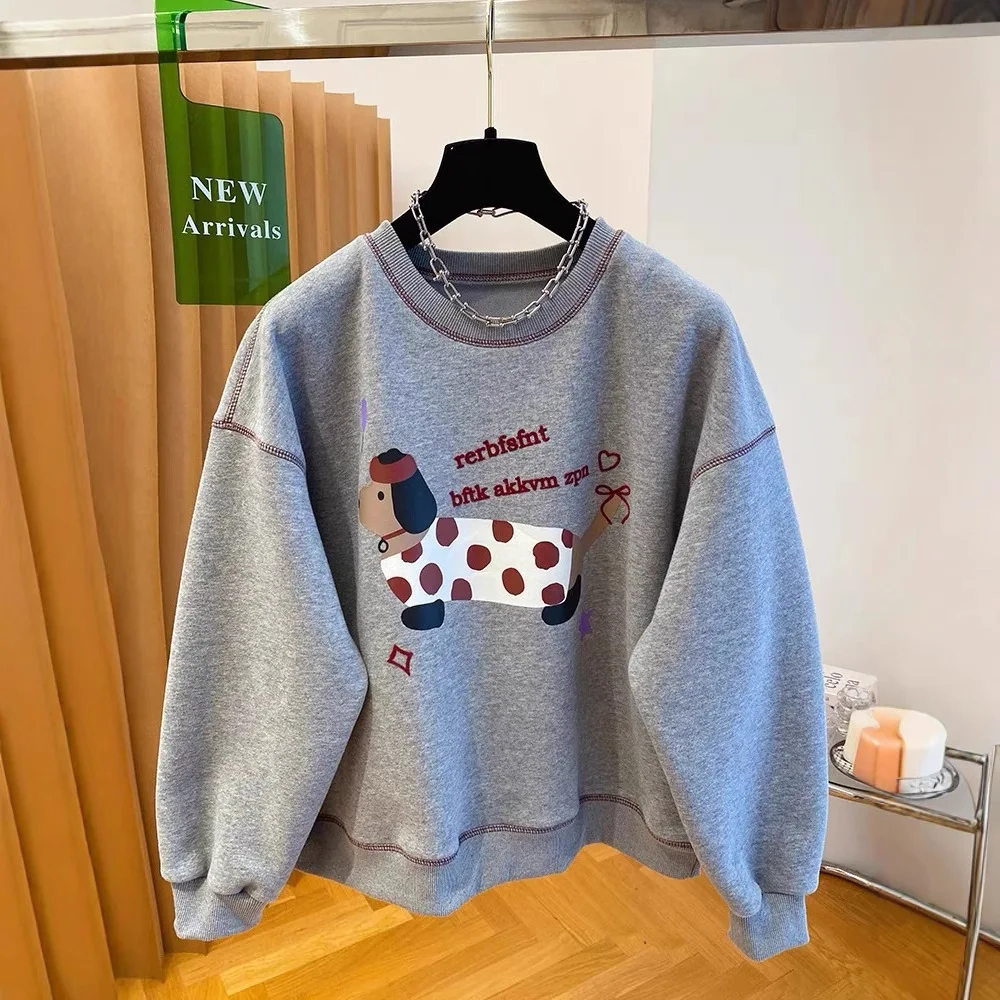Thick Cartoon Hoodie for Women 2024 Winter Round Neck Korean Version Loose Sausage Dog Sheep Camel Velvet Top Women's Hoodie