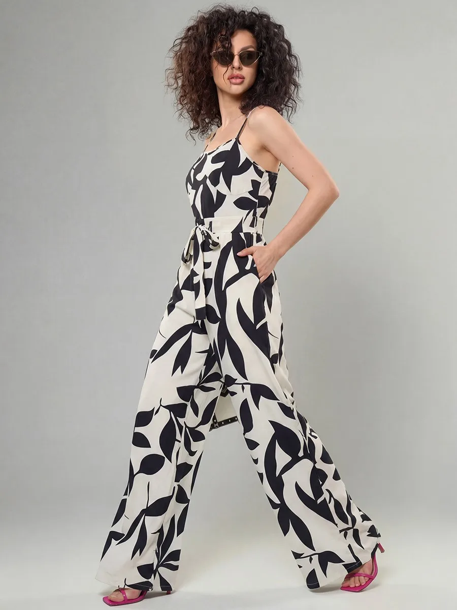 

Summer Women's Clothing Stripe Adjustable Waist Sleeveless Long Jumpsuit For Polyester Casual Wear