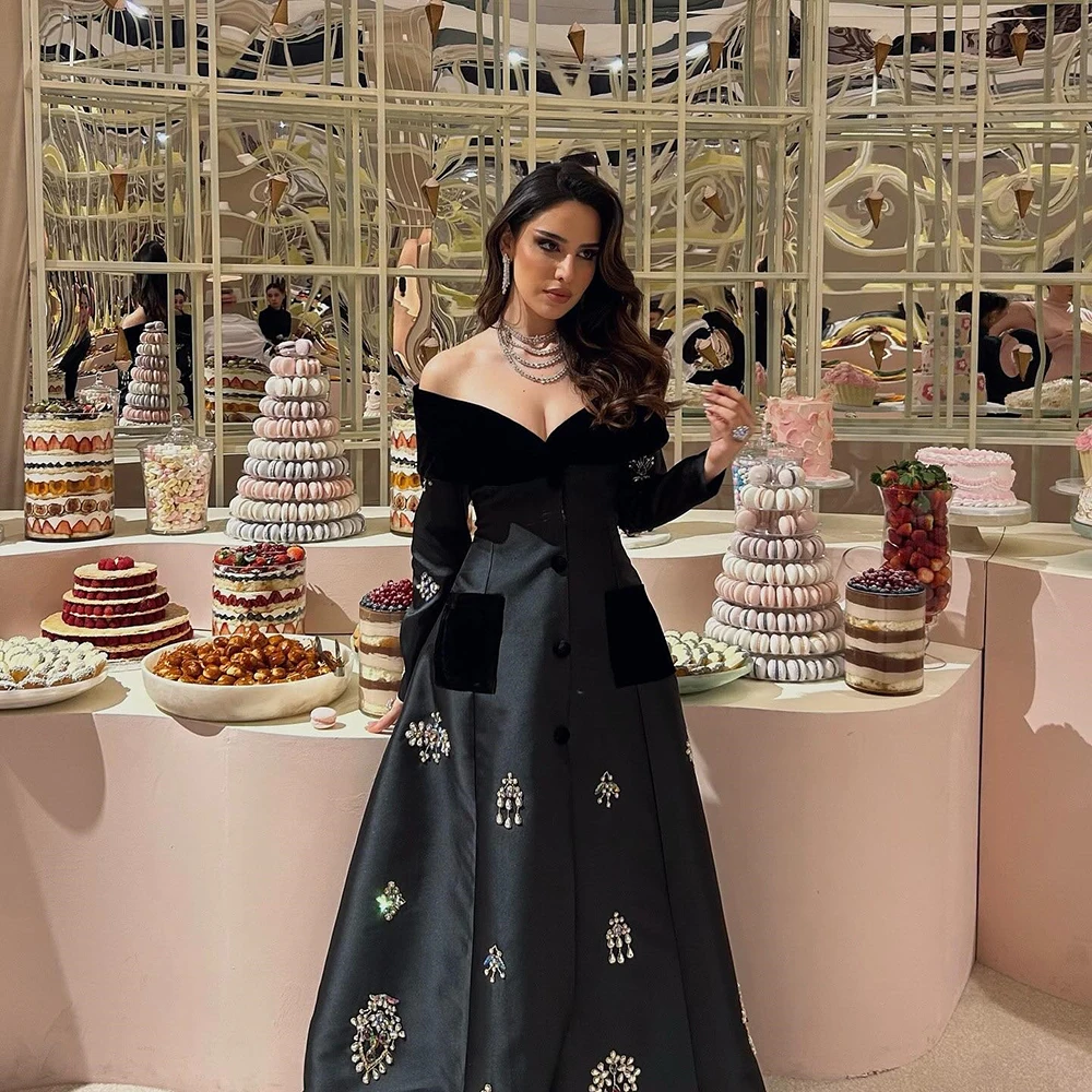 

Customized Black Off the Shoulder A-line Satin Evening Dress Crystal With Button Full Sleeves Party Dress Floor Length Prom Gown