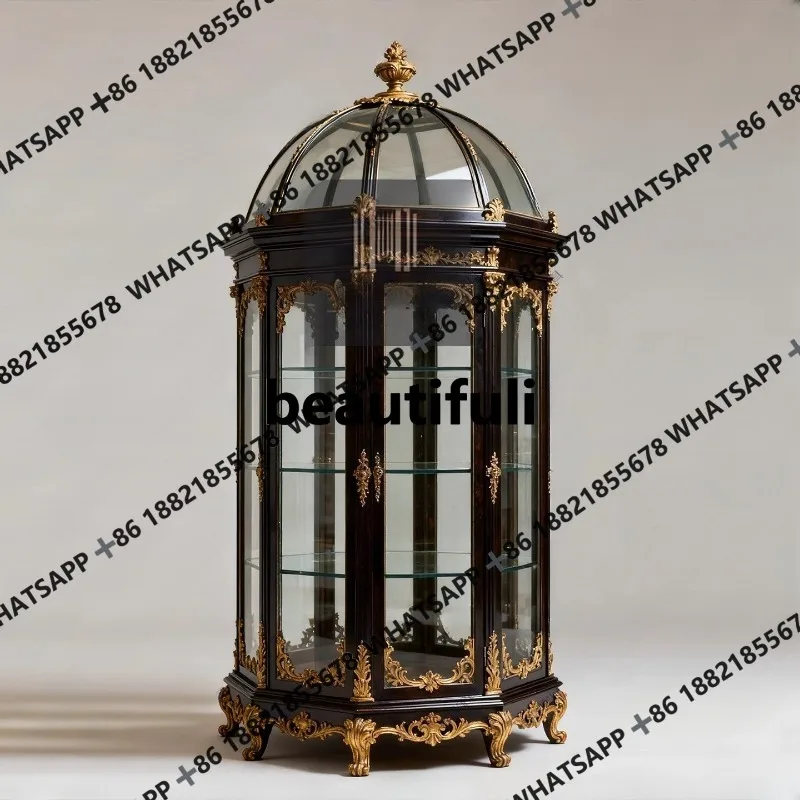Round, carved tea cabinet, antique jewelry, ceramic decoration, display cabinet