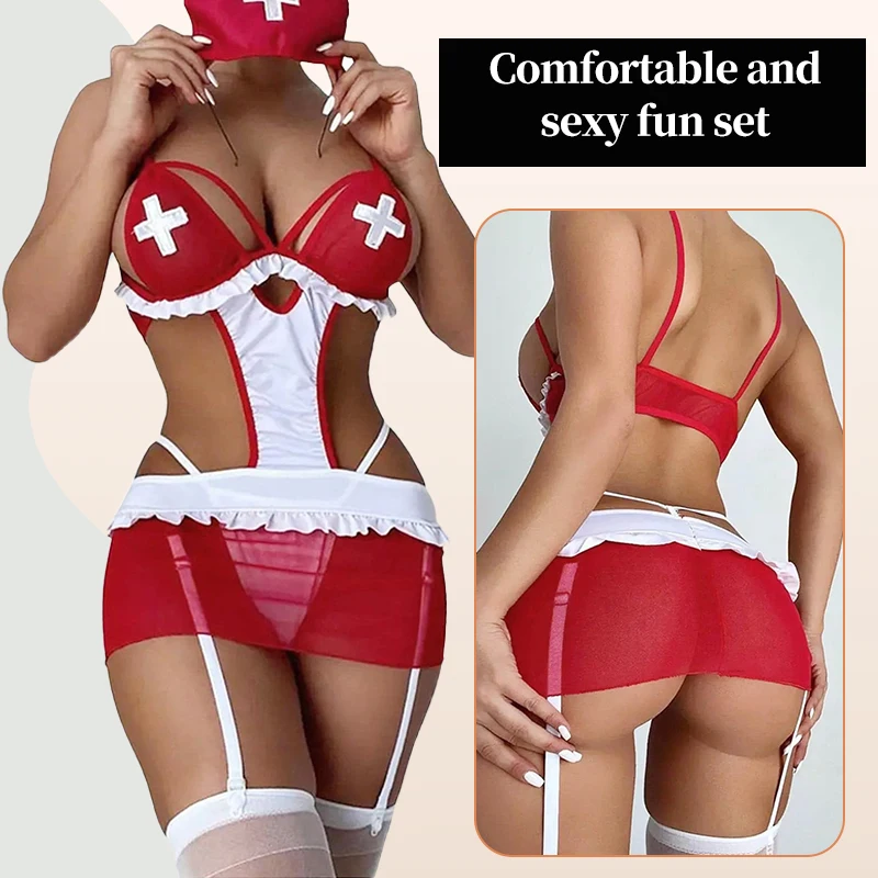 The Latest Best-Selling Female Role-Playing Nurse Red Dress Set Women's Sexy Slim Fit Integrated Mesh Cosplay Clothing image 4