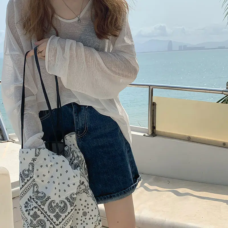 Sun Protection Clothing T-shirts Women Beach Outfits See-Through Tops Sexy Korean Fashion Y2K Cheap Clothes Woman White Tshirts