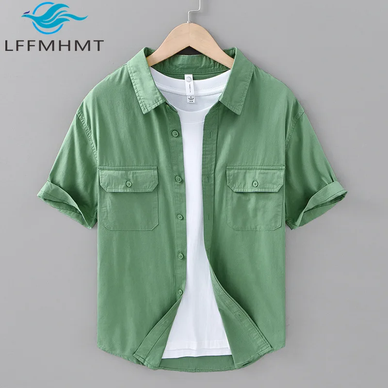 

683 100% Cotton High Quality Solid Color Short Sleeve Shirt for Men Summer Fashion Dual Pocket Cargo Blouse Camisa Men Clothing