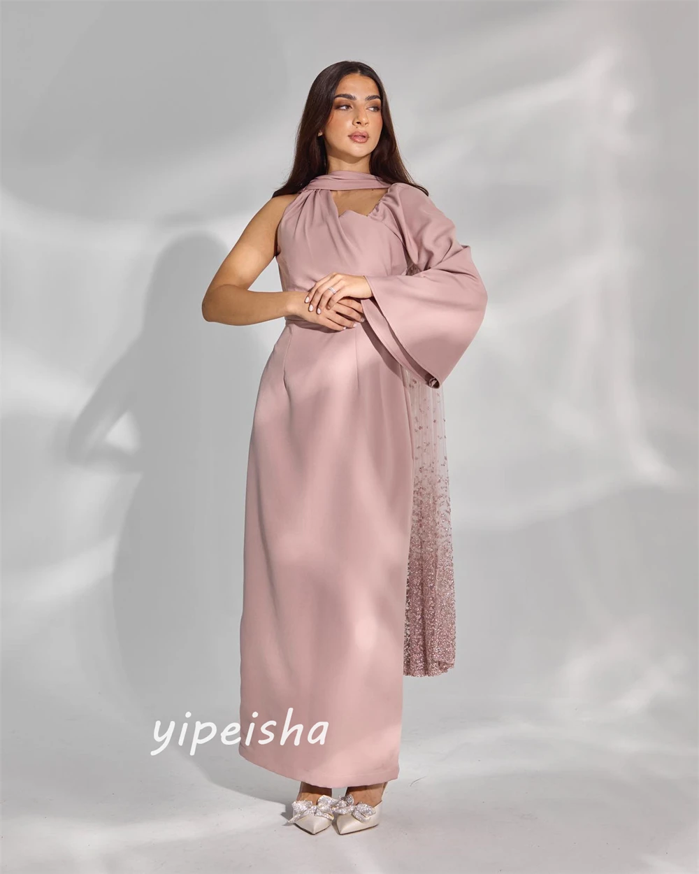 Gaun Prom Arab Saudi gaun Prom Satin Arab Saudi Pleat selebriti A-line satu bahu Bespoke gaun acara panjang pergelangan kaki