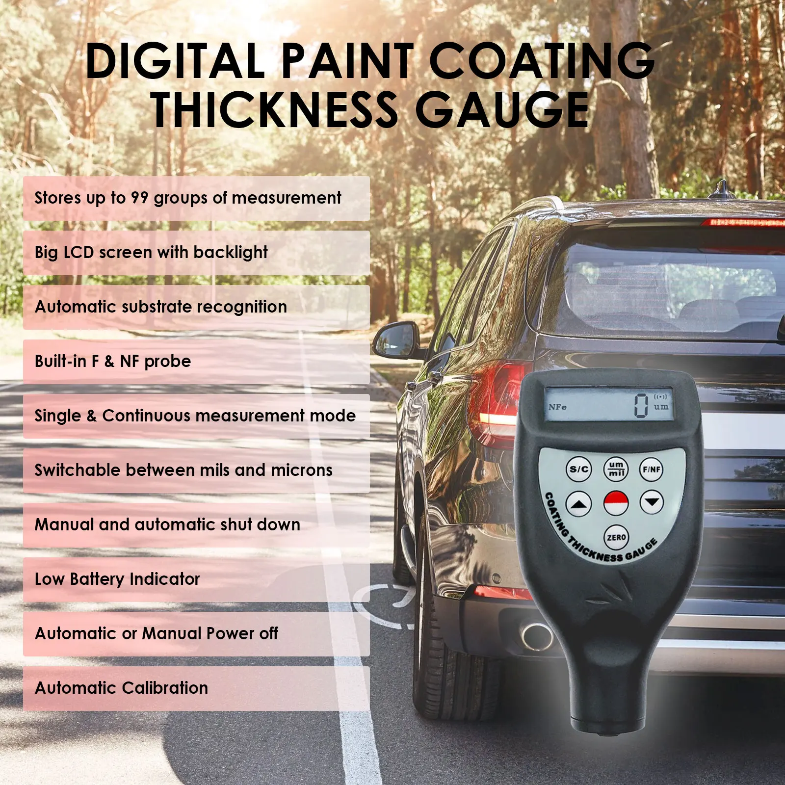 Portable Digital Coating Thickness Gauge Meter/ With Built-in F and NF probe Paint Iron 0-1250um / 0-50mil Range