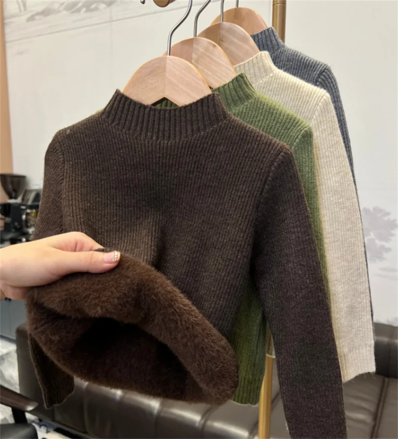 Winter Warm Sweater Children Thick Plush Half-turtleneck Jumper Kids Outdoor Comfortable Thermal Solid Clothes Daily Pullover