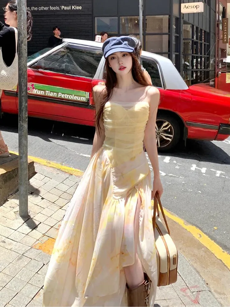 

Printed Lace Splice Vaion Dr Asymmetrical Slit Tube Top Dr for Photoaphy Travel Beach Tour Sanya Beach