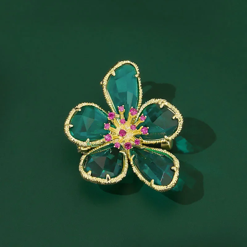 Fashion Big Green Crystal Flower Brooches for Women Famale Party Jewelry Gifts Retro Style Brooches Pin