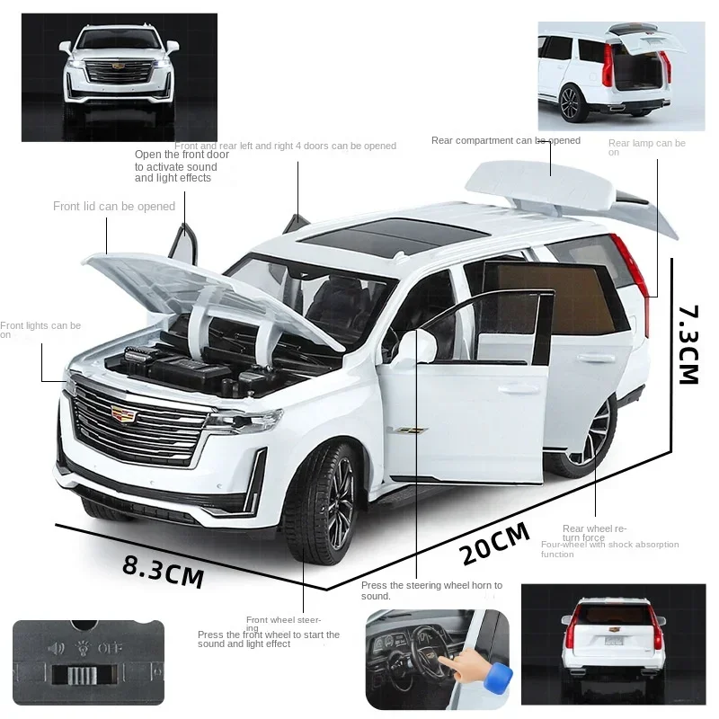 Pull Back Diecast Toy Vehicle 1:24 Cadillac Escalade Alloy Model with Sound Light Collection Miniature Voiture Boy Birthday Gift