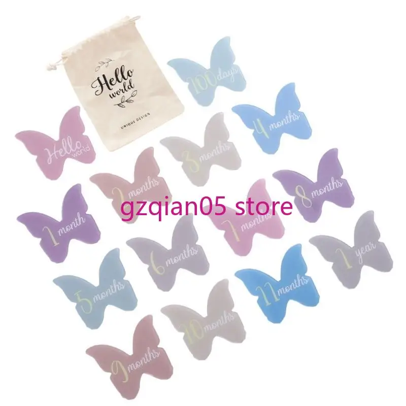 N7ME Pack of 14pcs Baby Acrylic Landmark Cards Cloud/Butterfly Photo Props Toy التذكارية لنمو الأطفال حديثي الولادة