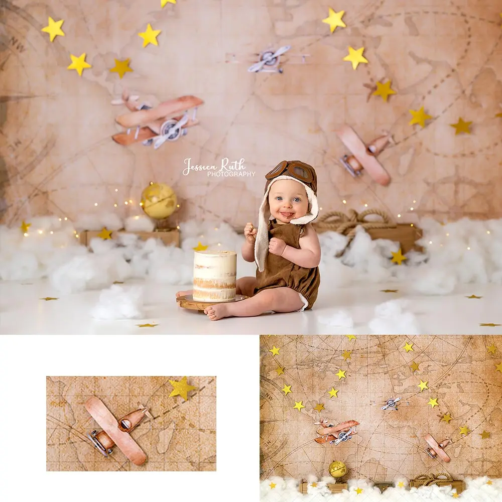 

Vintage Time Flies Backdrop Worldwide Adventure Plane Kids Baby 1st Birthday Photocall Decors Child Boys Adult Backgrounds