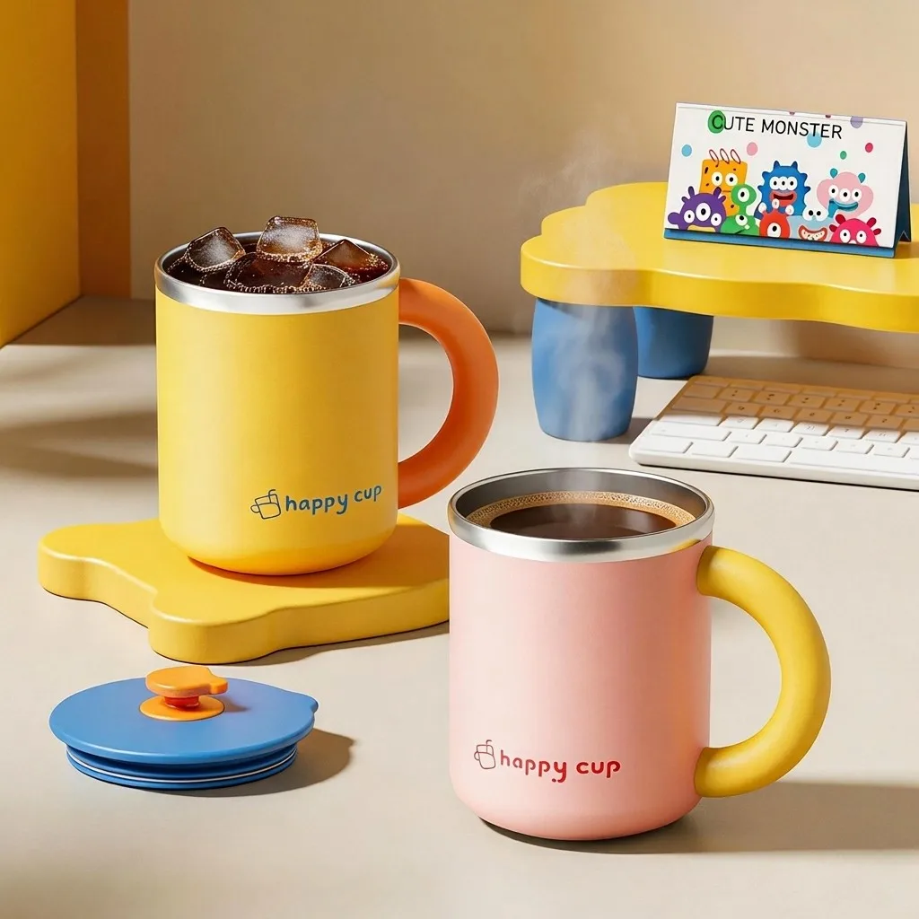 Cute 304 Stainless Steel Thermal Mug Double Wall Insulated Coffee Cup With Lid Handle Kids Water Tumbler Milk Thermos Drinkware