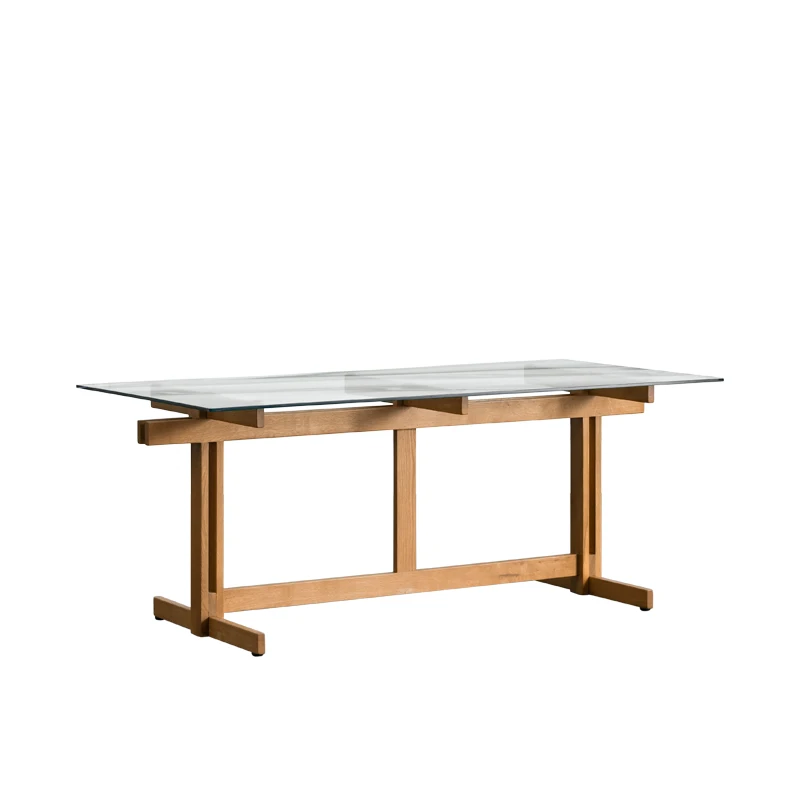 Simple solid wood desk tempered glass desktop household transparent restaurant rectangular dining table