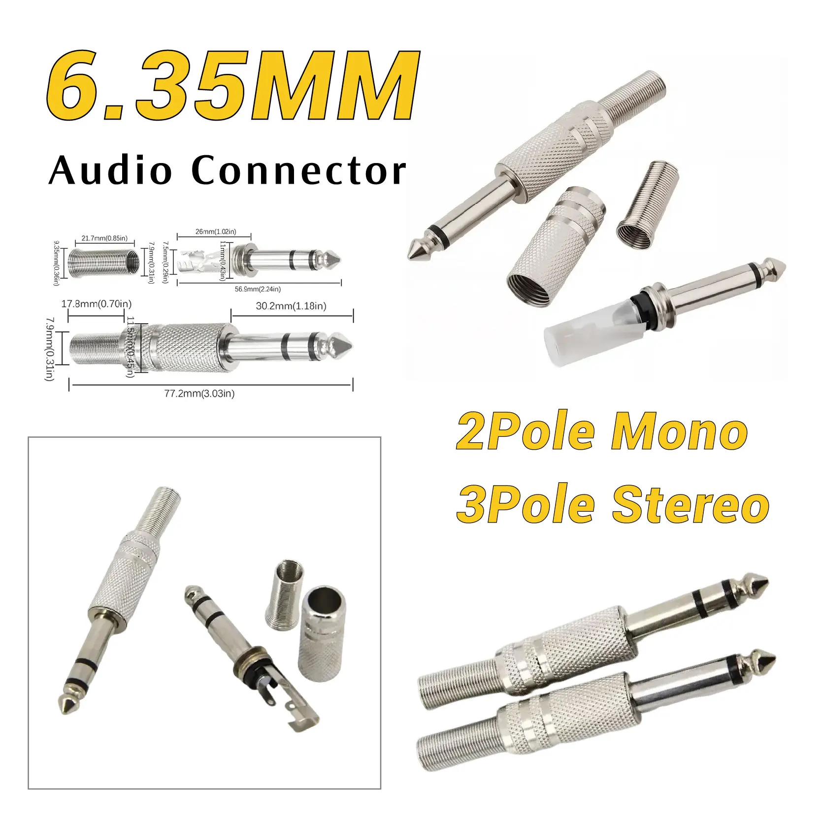 

Metal Microphone Jack 6.35mm Audio Connector 2/3Pole Mono Stereo Amplifier Plug