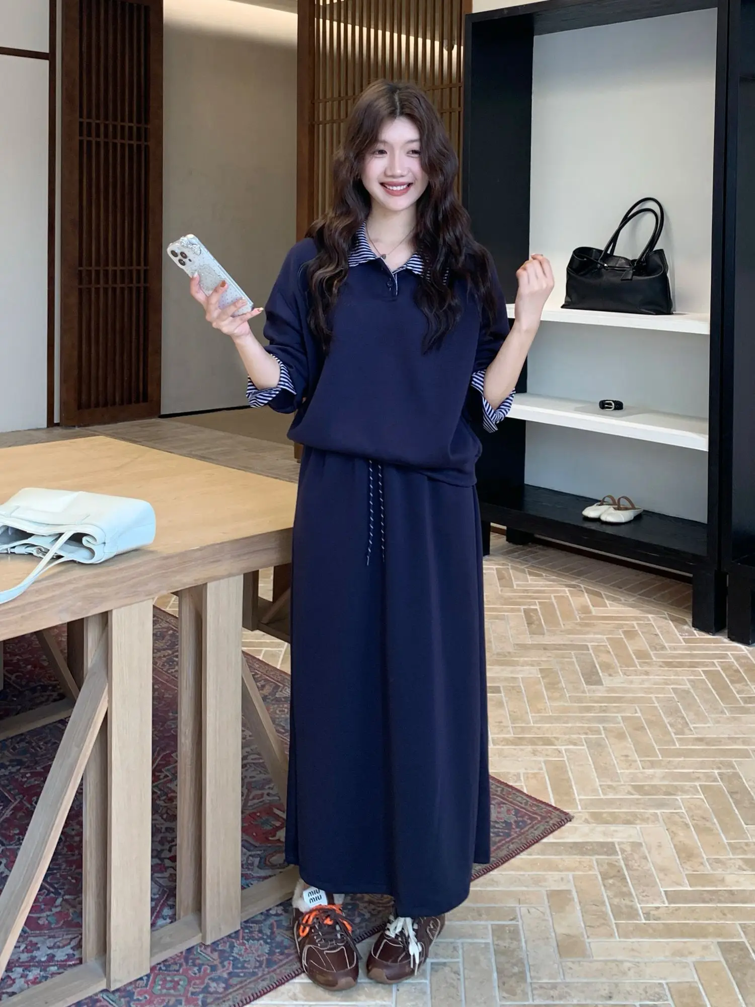 

Blue Sweatshirt Skirt Set Women's Casual Sportswear Two-Piece Suite Spring Autumn High Waist Breathable Loose Fit Fashionable