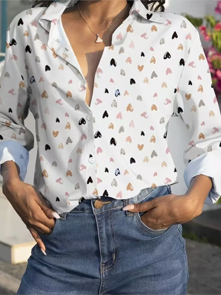 여성을위한 여름 여성의 유행 인쇄 긴 소매 셔츠 나비 인쇄 옷깃 셔츠