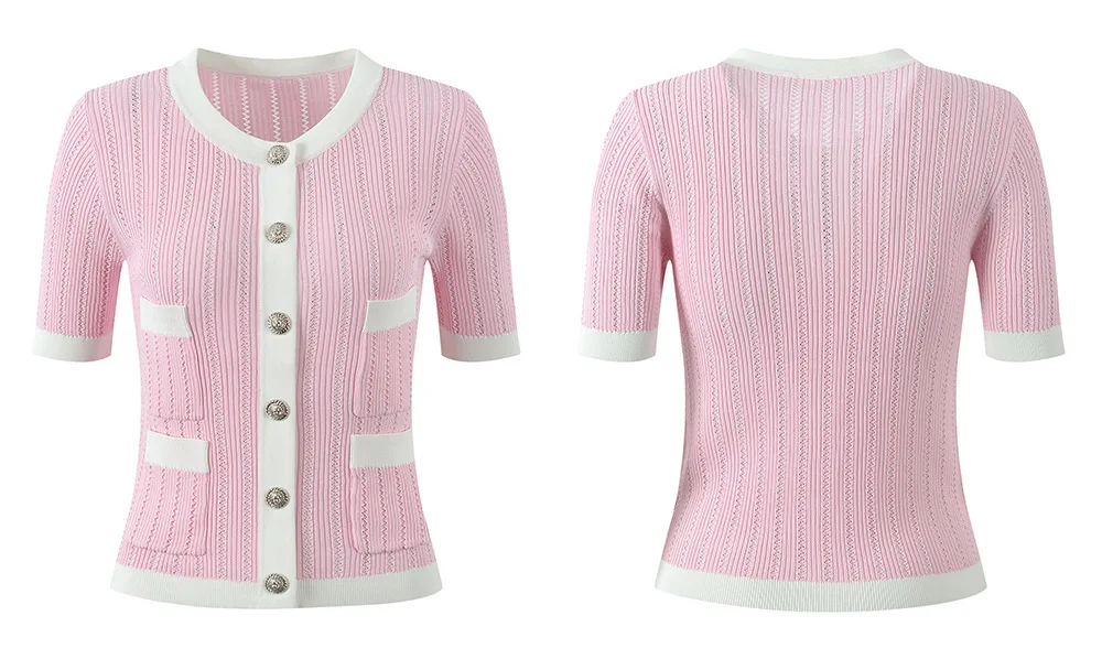 Schlankheitseffekt Parisian Faion B@ Home Gestrickte ort Sve runde Ne Gold Button Cardigan Damen Sommer-Ential-Top