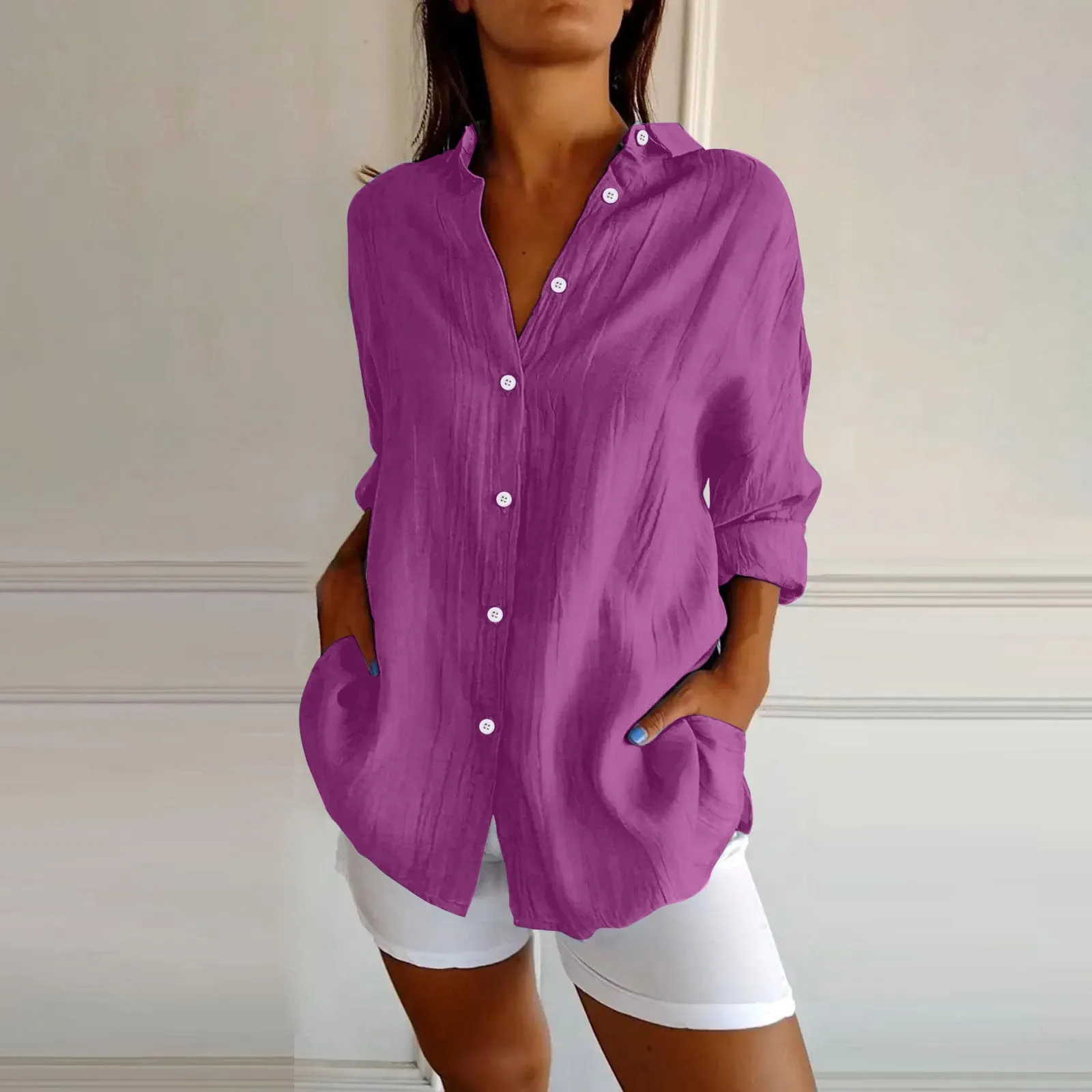 

Classic Pleated Textured Single Breasted Lapel Shirt For Women Summer Lightweight Three Quarter Length Sleeve Tops for Women