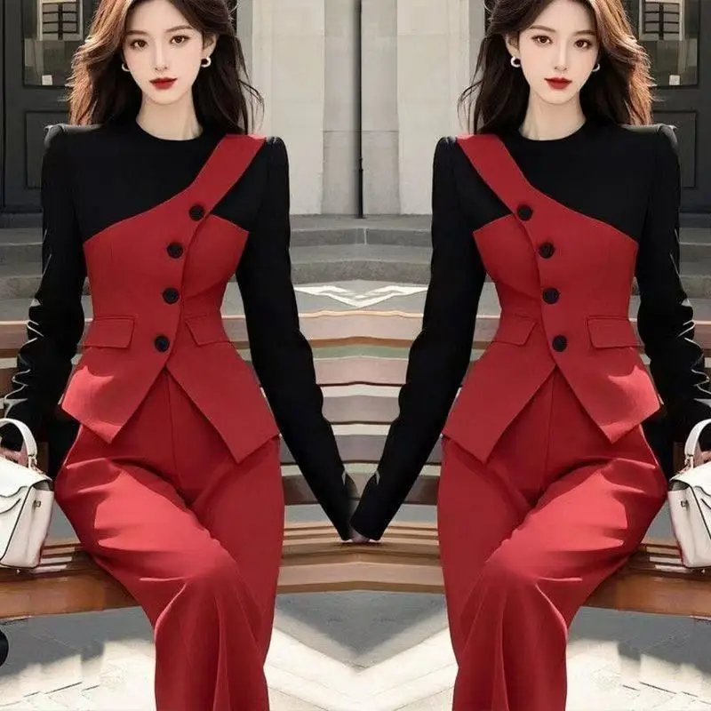 

2PCS New High Contrast Color Autumn Women's Two Piece Set Fashion Office Lady Long Sleeve Patchwork Blazer + Straight Pants Suit