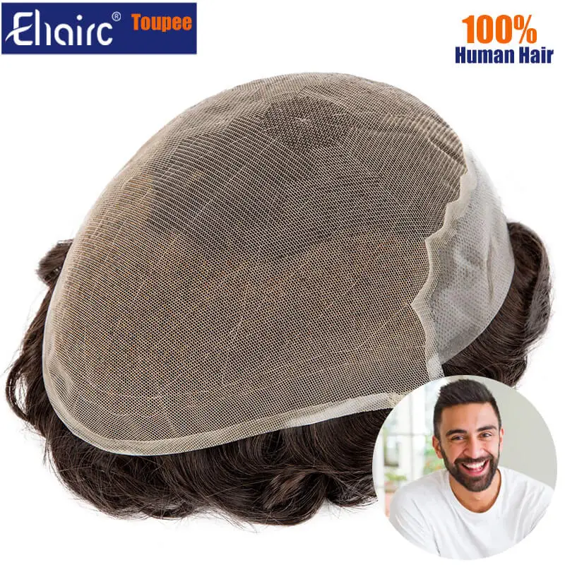 Q6 Male Hair Prosthesis Lace & Knotted PU Base Man Wig ,Toupee For Men 100% Soft Human Hair System Men's Wig