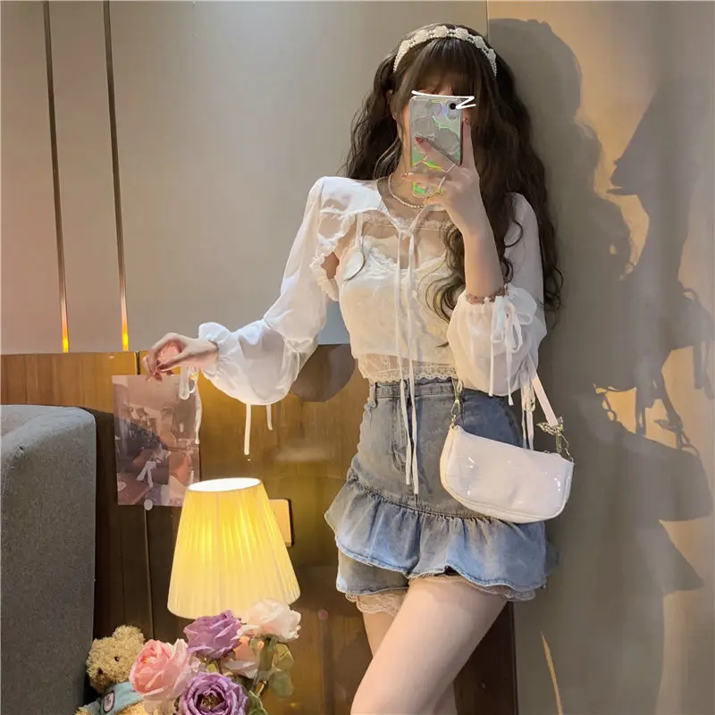 Sweet Camisole Sets Women Skinny Sexy Crop Jackets Simple Pure All-match Lace Korean Style Summer Sun-proof Ladies Bandage Chic