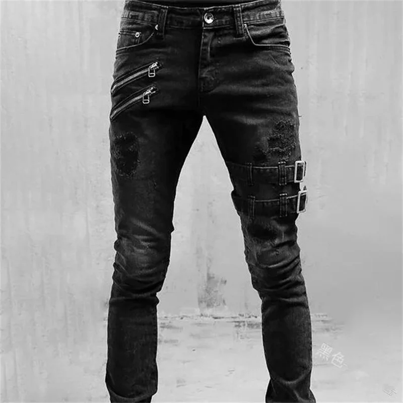 Cool Biker Style Slim Fit Jeans Men Casual Stretch Cotton Zipper Splicing Pocket Pencil Pants Male Hip Hop Daily Denim Trousers