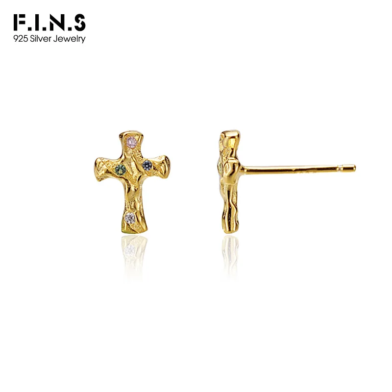 

F.I.N.S Original Korean Small Cross S925 Sterling Silver Zircon Earrings Mini Piercing Ear Studs Fine Jewelry Prevent Allergy