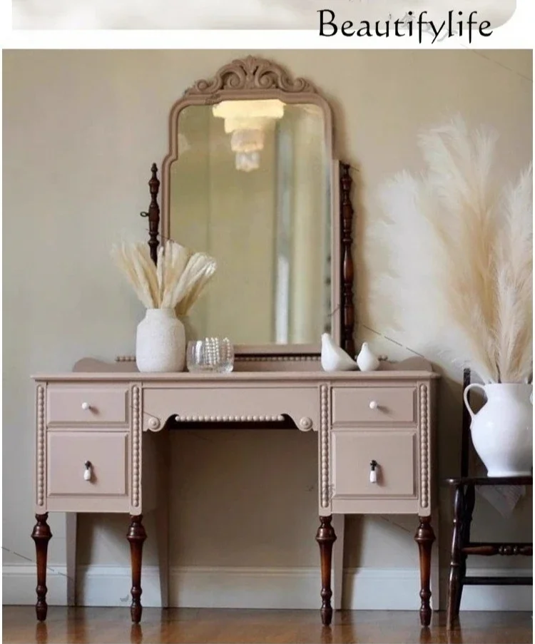 

V French Retro Pink Solid Wood Dresser Antique Bedroom Makeup Table American Light Luxury High-end Locker