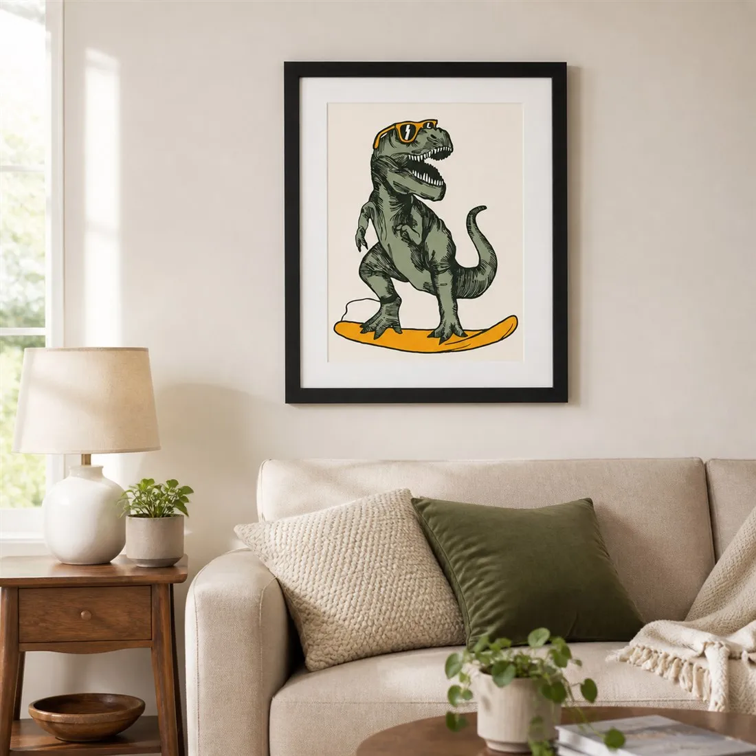 T-rex Dino Surfing Poster,Canvas Wall Print,Modern Art Illustration,High‑Grade Home Decoration Artwork for Bedroom,Living Room