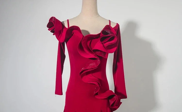 Novo vestido de competição de dança de salão folha de lótus gola de renda valsa feminina roupas padrão manga longa traje de dança moderna