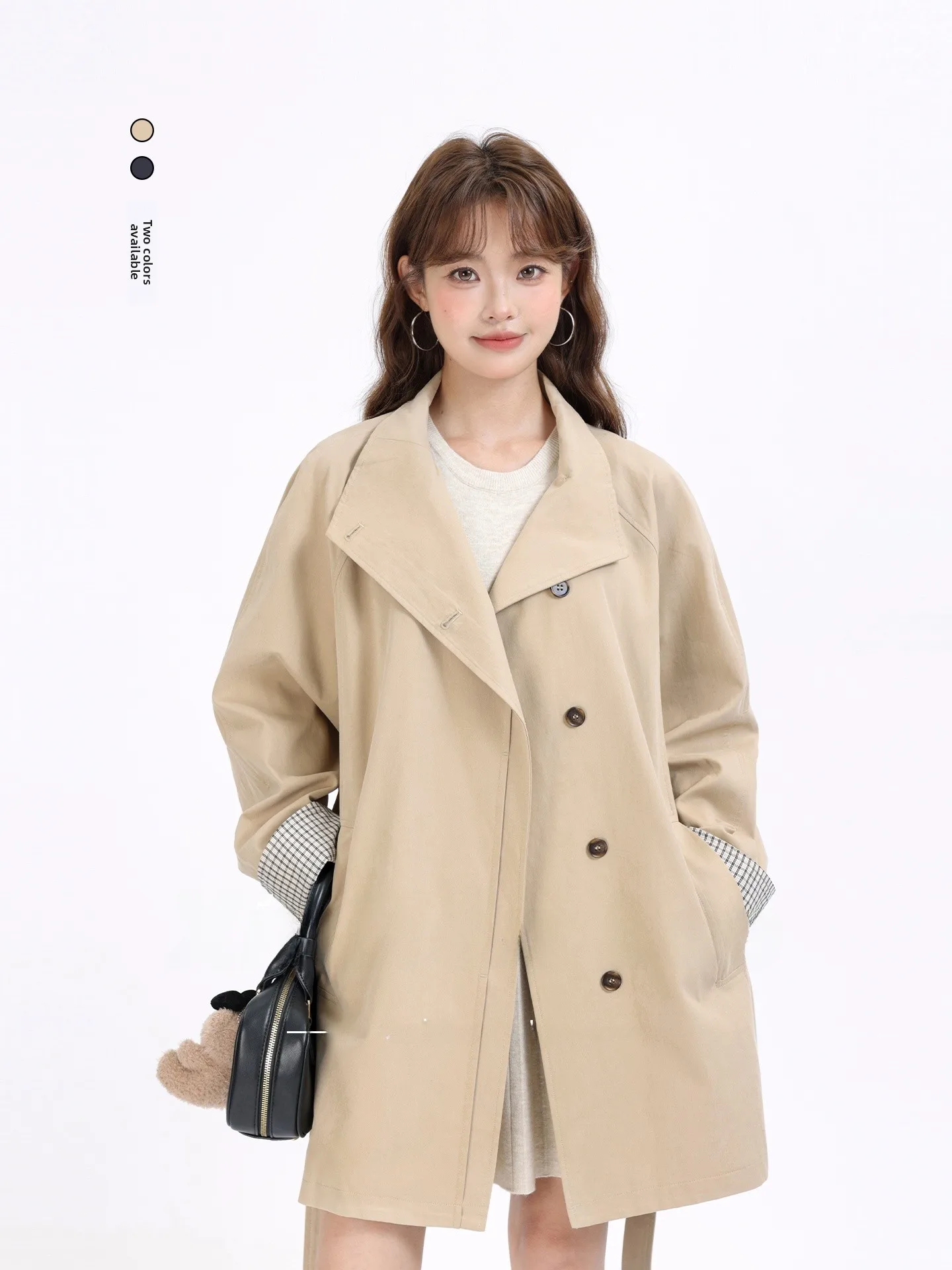 

Ele Хаки, женское пальто средней длины в клетку све в стиле пэчворк с воротником-стойкой, корейское свободное пальто на одной пуговице