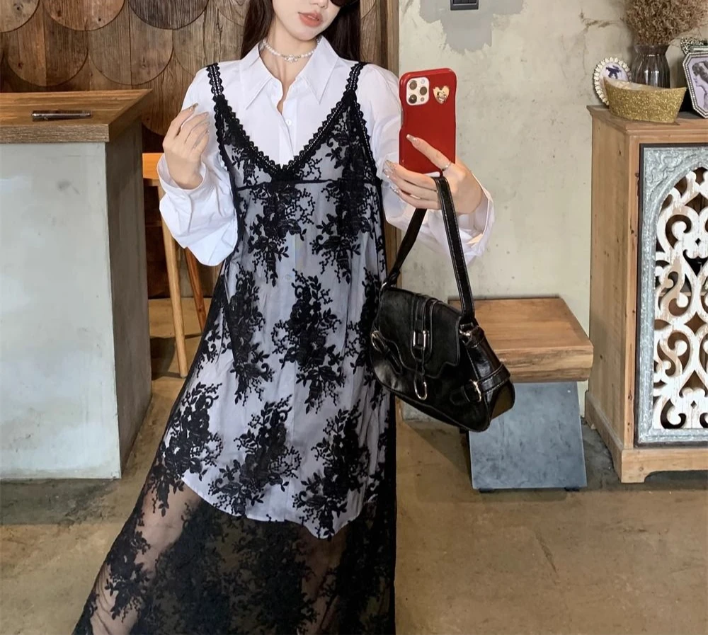 Embroidered Lace Lace Strap Dress Women's Spring New High End Stacked Black Long Dress
