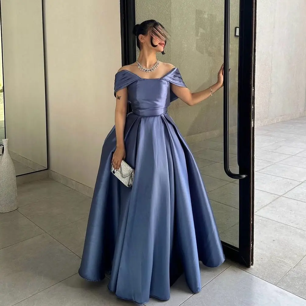 

Customized Classic Off the Shoulder Short Sleeves Pleats Crystal Evening Dress Exquisite A-Line Satin Party Gown платье вечернее