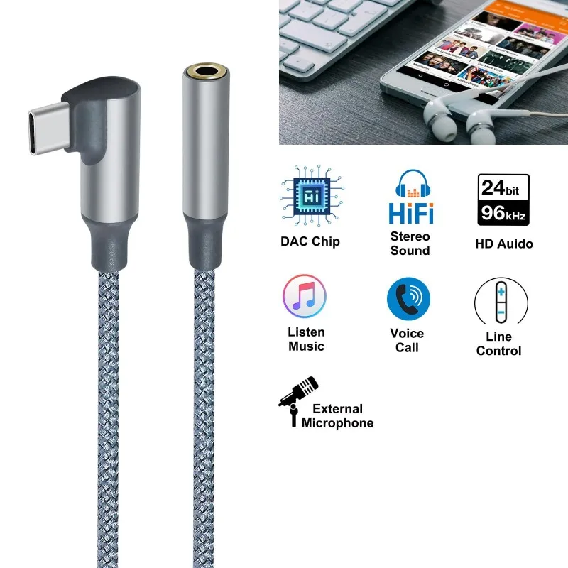 Right Angle USB C Nylon Braided Cable Type C to 3.5MM Headphone Earphone Female Audio Jack Adapter Converter Cable