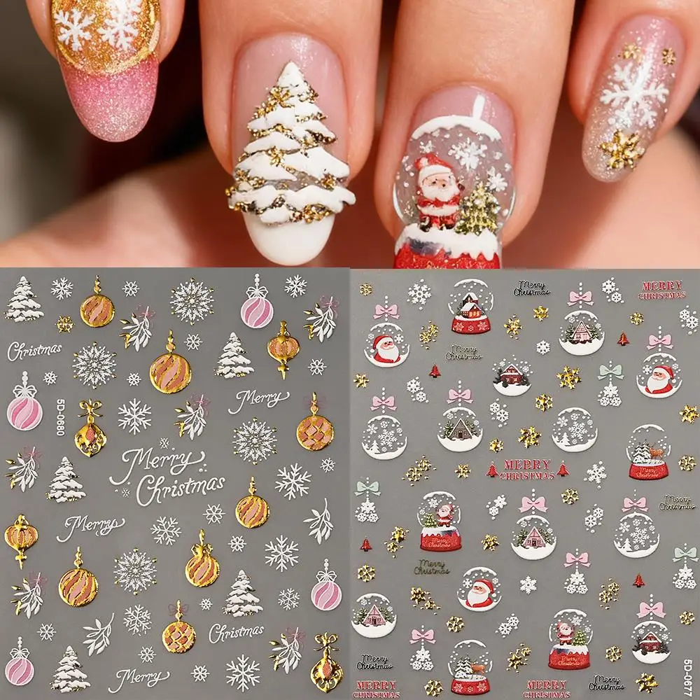 2 قطعة 5D تنقش عيد الميلاد مسمار ملصقات الشتاء الثلج كريستال الكرة سانتا كلوز مسمار مائي عيد الميلاد ذاتية اللصق مانيكير المنزلق