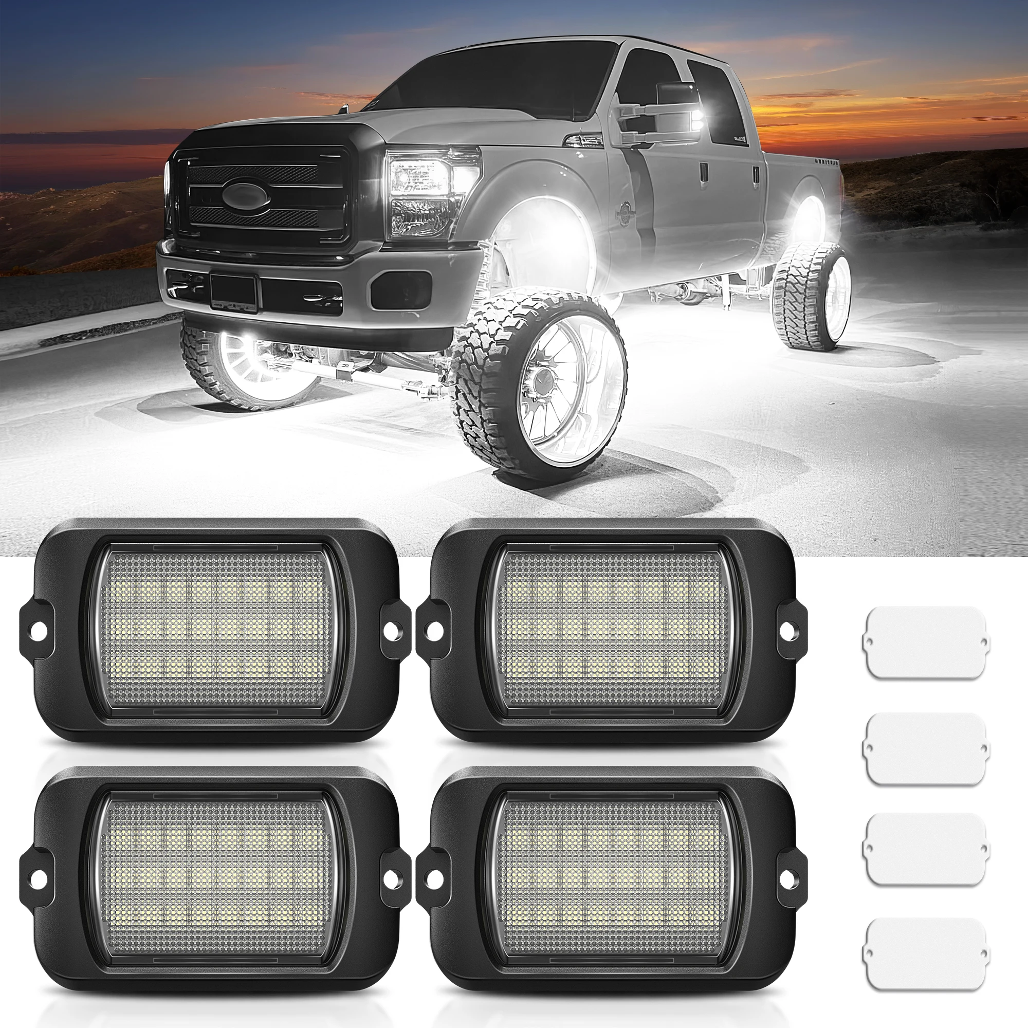 

MICTUNING 12V/24V Q1 MAX White Rock Lights,4 Pods Underglow Lights Compatible for Car Truck Offroad Boat, IP68 Waterproof