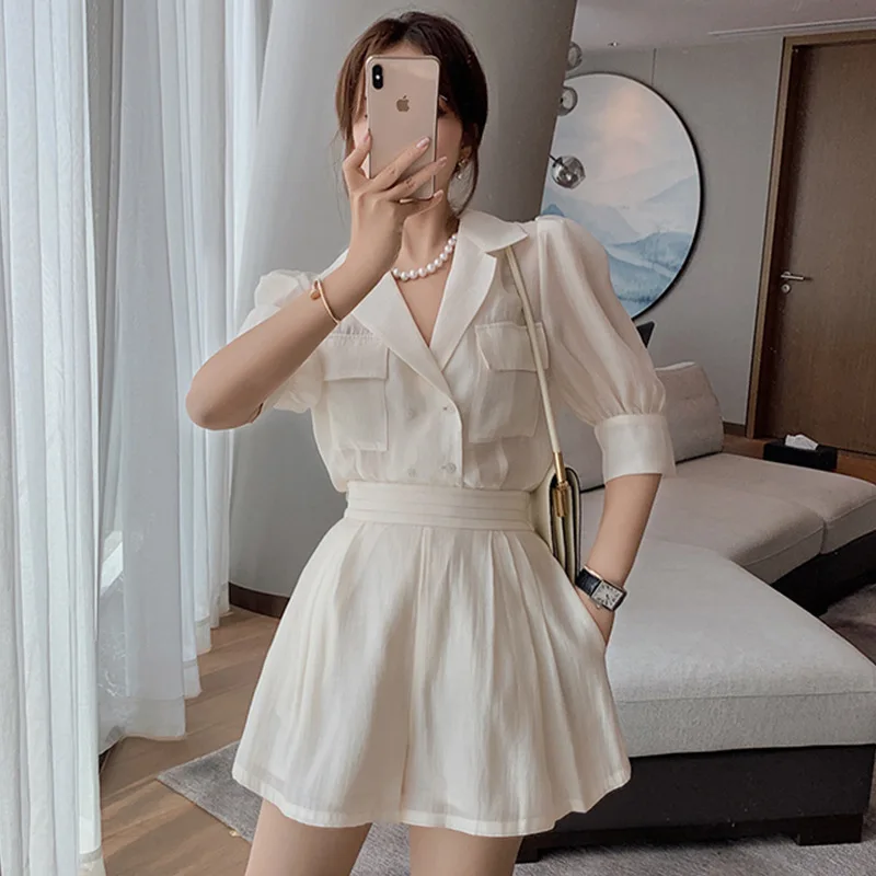 

Summer Chiffon Shorts Suit Elegant Fashion Sleepwear Women Puff Sleeve Pockets Casual Home Suit Shorts Two Piece Set Office Lady