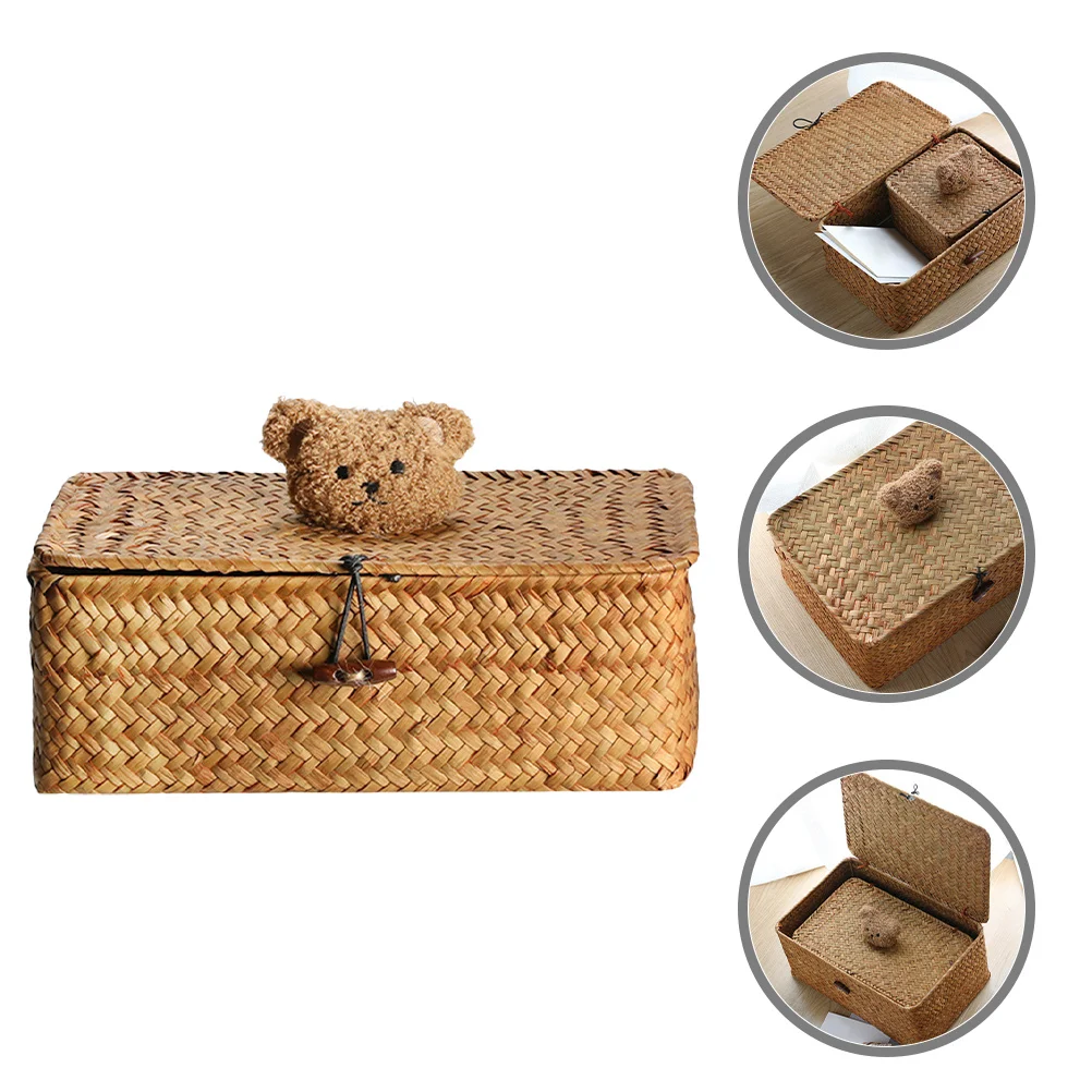 

Natural Straw Woven Basket Lid Multifunctional Storage Container Desktop Organizer Sundries Holder Household Decorative Box