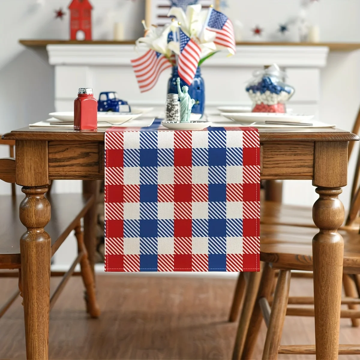 Red Blue Gingham Table Runner Single Sided 2D Print Polyester Decor for Outdoor Picnic Home Party Holiday Classic American Style