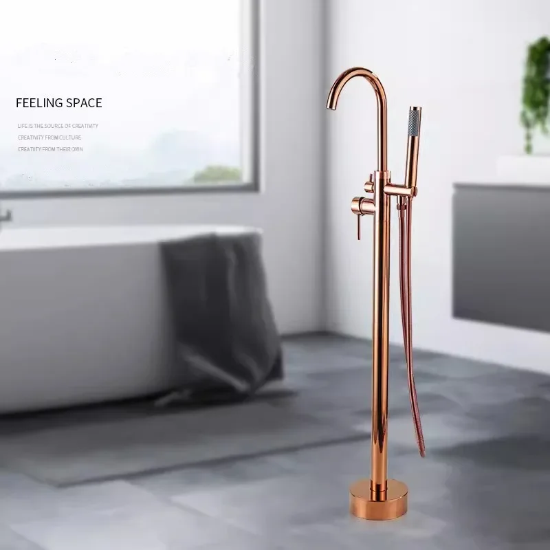 Rose Gold Bathroom Bathtub Faucet + Handheld Shower Free Standing Brushed Gold Luxury BathTub Mixer Taps Floor Mounted