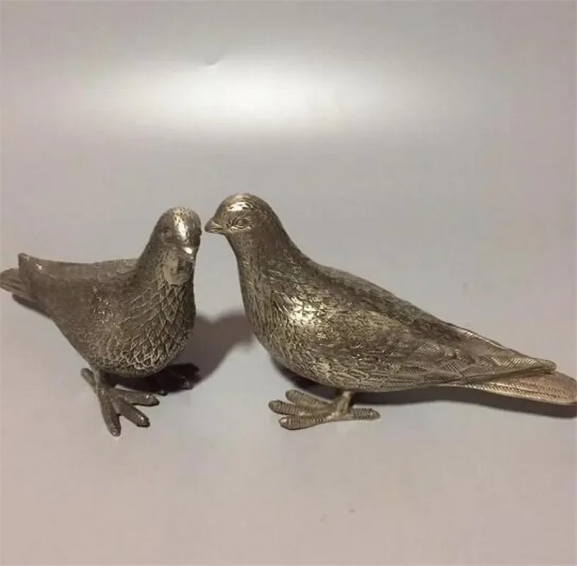 Copper statue Chinese Hand-made Tibet Silver Sculpture A Pair Peace Pigeons Animal Statue Individuality Creativity Happy Home