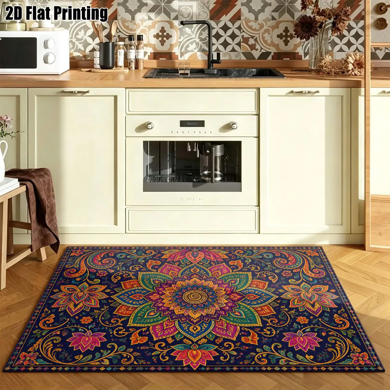 1Pc 2D Printed Carpet: Dark Blue Base, Colorful Mandala Patterns European/Bohemian/Geometric/Vintage Style, Home Decor, Multi-Size, Machine Washable, Suitable for Entrance, Dining Room, Foyer, Bedroom, Living Room.