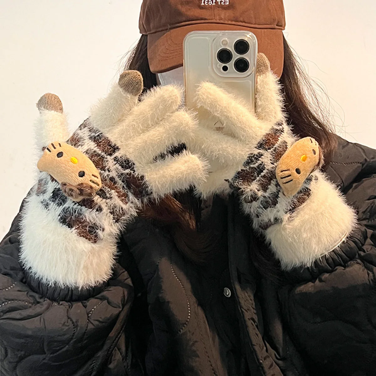 لطيف كيتي الكرتون محبوك أفخم خمسة أصابع قفازات HelloKitty لطيف الكرتون القطيفة قفازات هدية عيد الميلاد