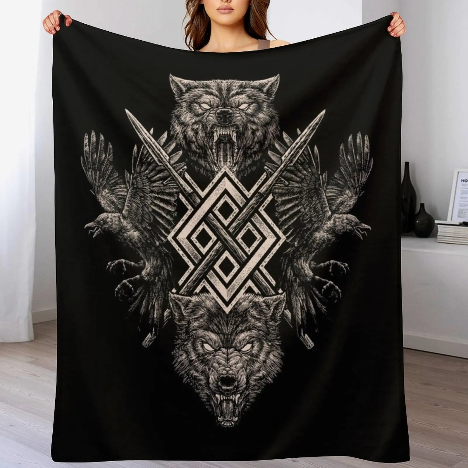 

Viking Wolf Raven of Odin Geri Freki Huginn Muninn Norse Mythology Gungnir Throw Blanket sofa bed Bed Luxury Throw Hair Blankets