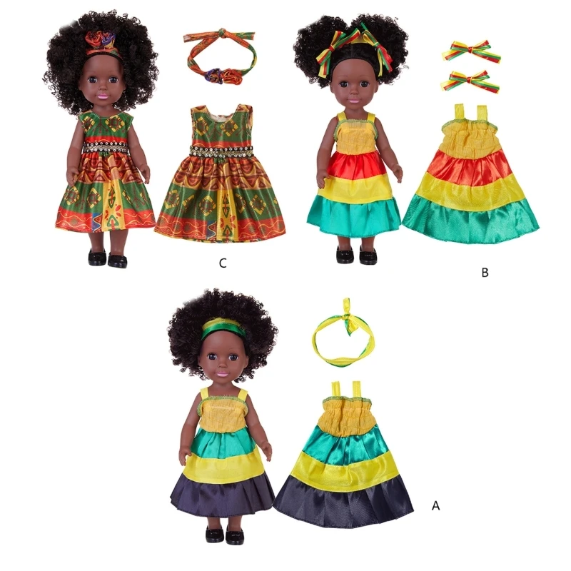 14’’ Life Like Reborns African Girl Toy Figure Black Toddlers that Looks Real with AfroHair Fashion Dress D5QF