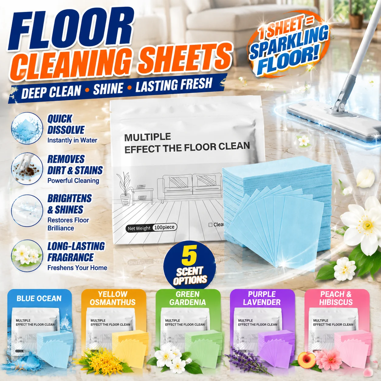 100pcs Disposable Floor Cleaner Sheets 5 Fragrance Options Instant Dissolve Dirt Stain Removal Shine Refresh Safe For All Floors