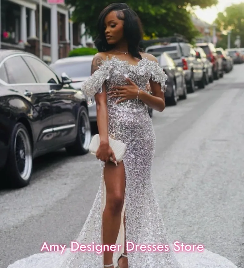 

Изысканное вечернее платье-русалка 2026 для темнокожих девушек с высоким разрезом, пайетками и открытыми плечами, для свадеб, вечеринок и танцев, на заказ